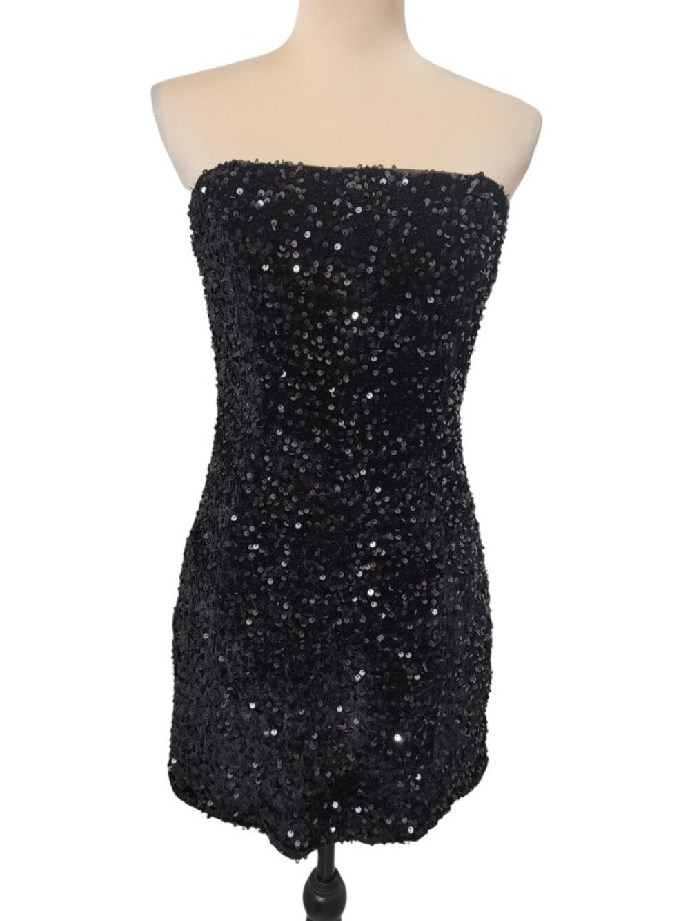 Fashion Nova Size L Black Sequin Strapless Mini Dress, Bodycon Sihouette